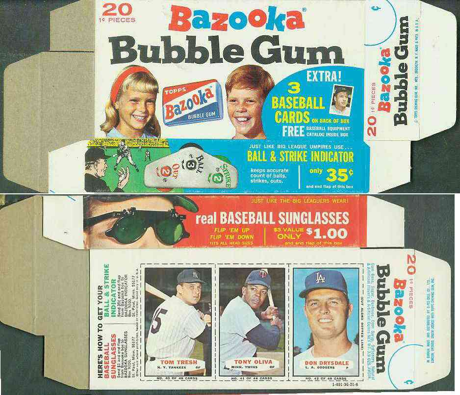 1967 Bazooka COMPLETE BOX #40-42 DON DRYSDALE/Tom Tresh/Tony Oliva Baseball cards value