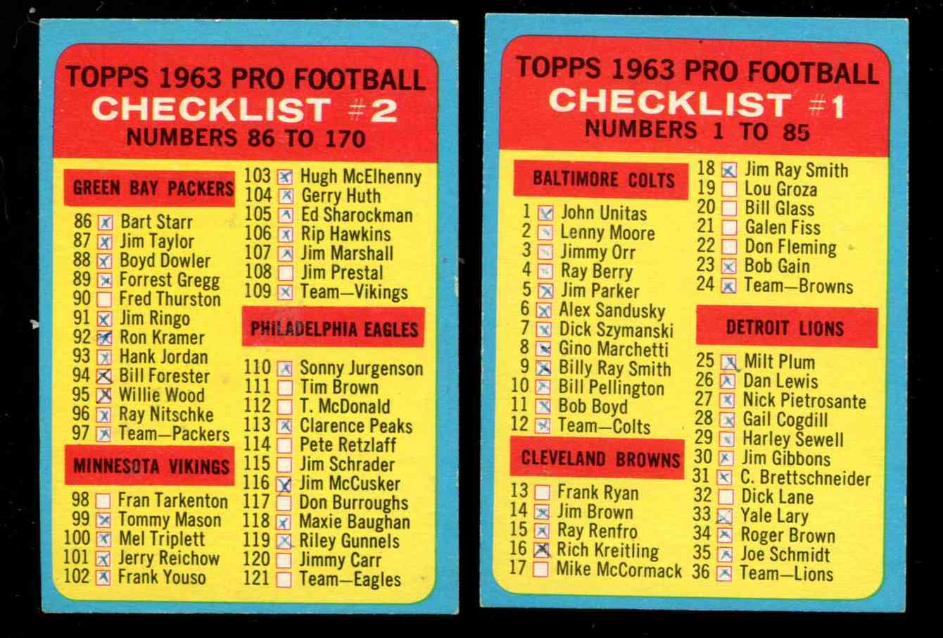 1963 Topps FB # 85 + #170 - Lot of Both Checklists Football cards value