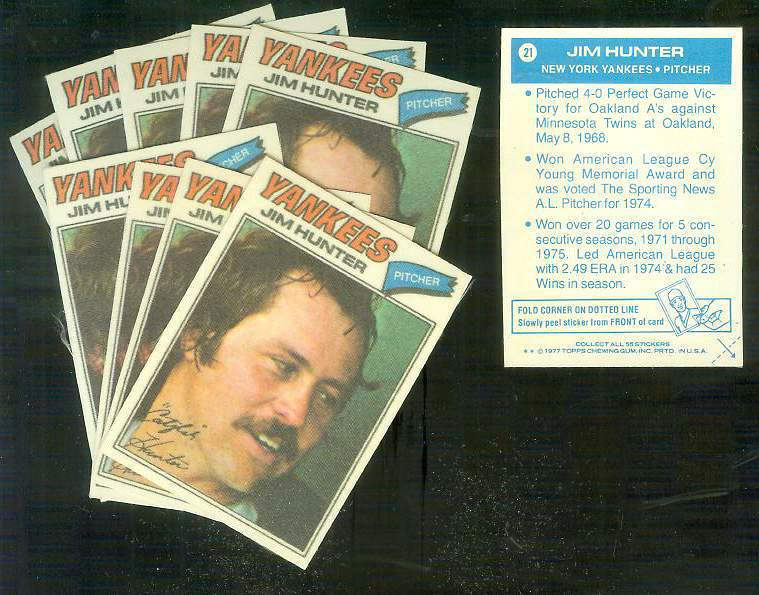 1977 Topps Cloth Stickers #21 Jim 'Catfish' Hunter - Lot of (10) (Yankees) Baseball cards value