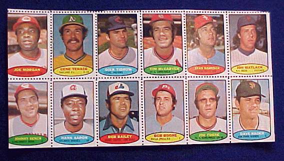 1974 Topps STAMPS SHEET #16 HANK AARON, Joe Morgan, Johnny Bench Baseball cards value
