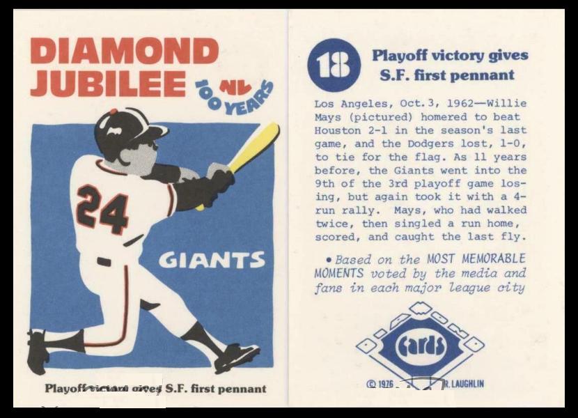 Willie Mays - 1976 Laughlin 'Diamond Jubilee' #18 Baseball cards value