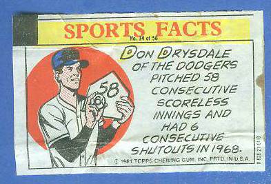 1981 Topps Thirst Break #14 Don Drysdale 'Scoreless Innings' Baseball cards value