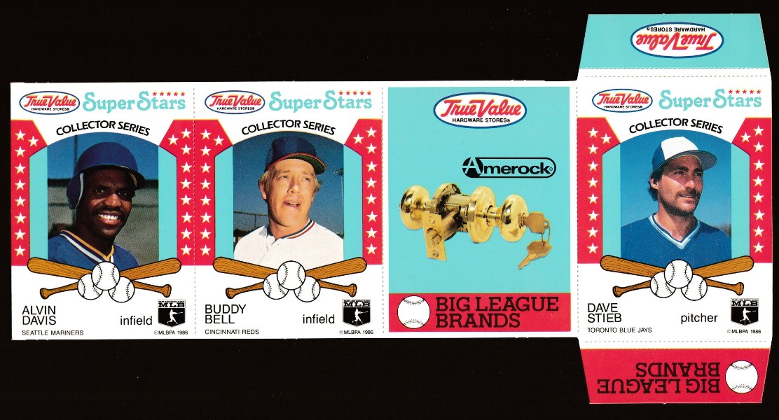  1986 True Value UNFOLDED PANEL/PROOF - Alvin Davis/Buddy Bell/Dave Steib Baseball cards value