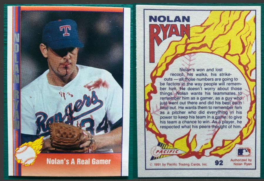 Nolan Ryan - 1991 Pacific #92 BLODDY LIP (from Bo Jackson) (Rangers) Baseball cards value