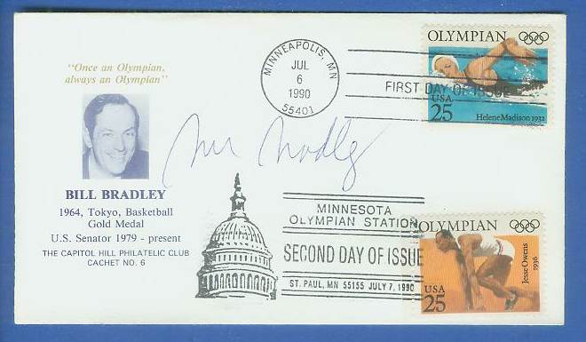  Bill Bradley - AUTOGRAPHED 1990 DUAL POSTMARKED 1st/2nd DAY ISSUES cachet Basketball cards value