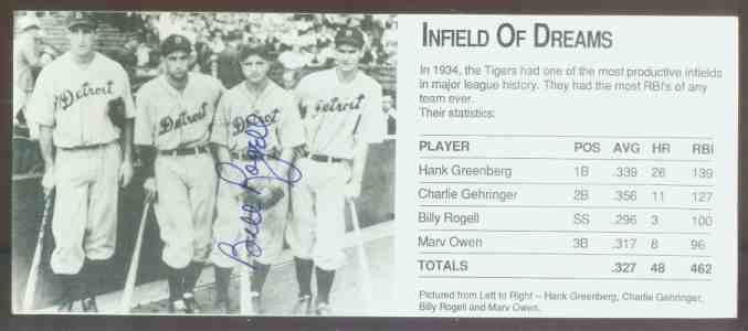  Billy Rogell - AUTOGRAPHED 'Infield of Dreams' Postcard (Tigers,deceased) Baseball cards value