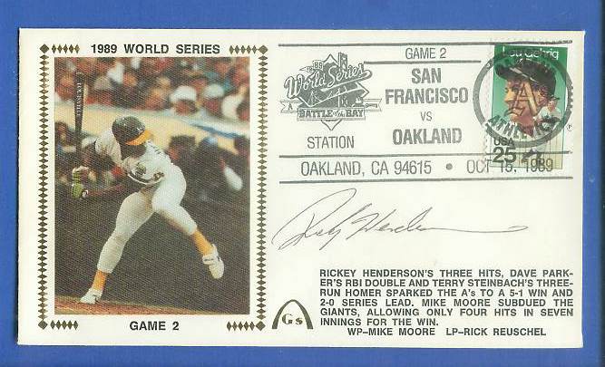  Rickey Henderson - 1989 AUTOGRAPHED Gateway Cachet 1989 World Series Game Baseball cards value