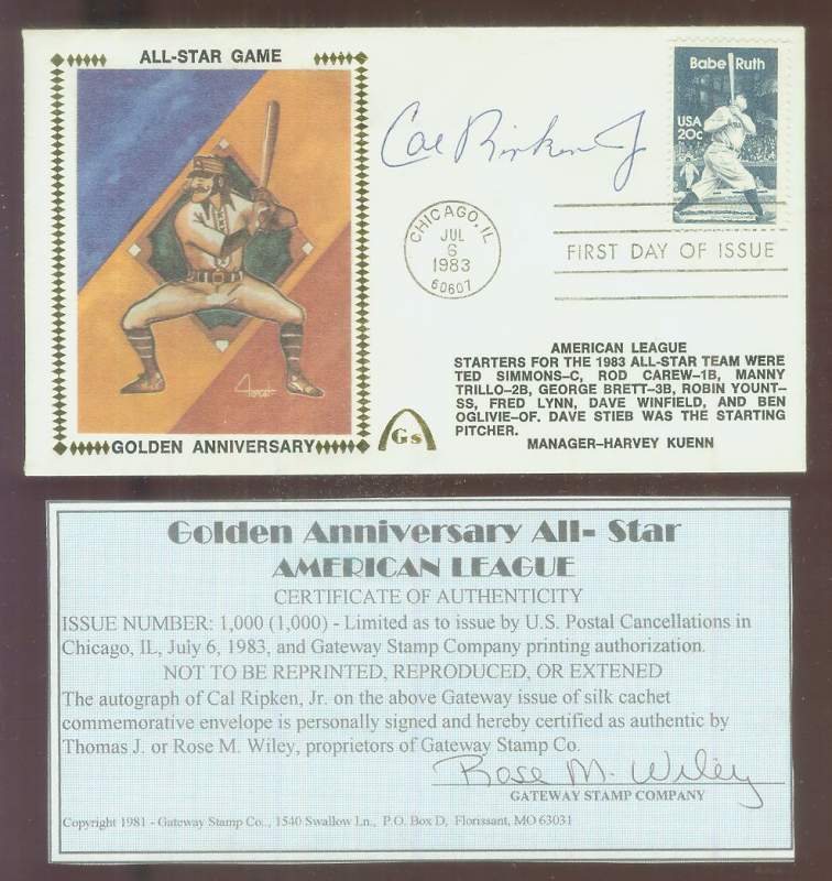 Cal Ripken - 1983 AUTOGRAPHED Gateway Cachet 'All-Star Game Golden Anniv.' Baseball cards value