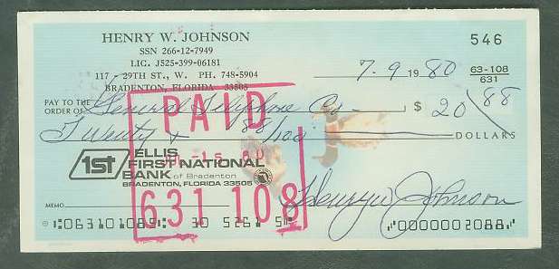  Henry Johnson - Autographed official Bank Check Baseball cards value