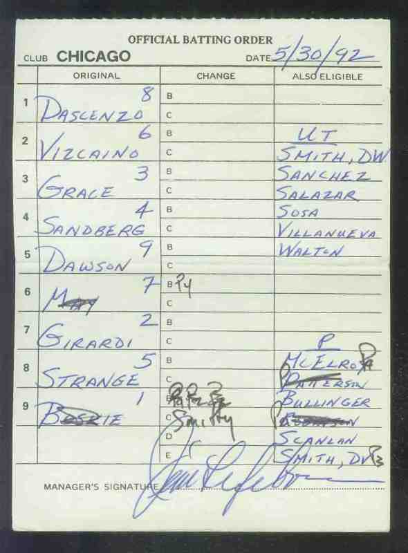  Cubs - 1992 (05/30) AUTHENTIC LINEUP CARD - Autographed by JIM LEFEBVRE Baseball cards value