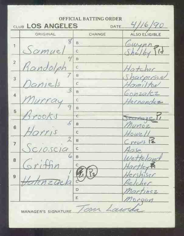  Dodgers - 1990 (04/16) Authentic LINEUP CARD - Autographed TOM LASORDA Baseball cards value