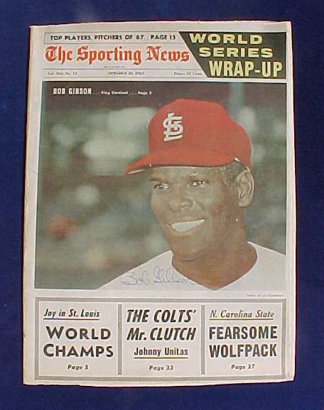  Bob Gibson - AUTOGRAPHED SPORTING NEWS (Oct. 28,1967) (Cardinals) Baseball cards value