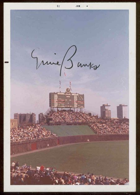  Ernie Banks - AUTOGRAPHED 1973 color Photo of Wrigley Field (Cubs) Baseball cards value