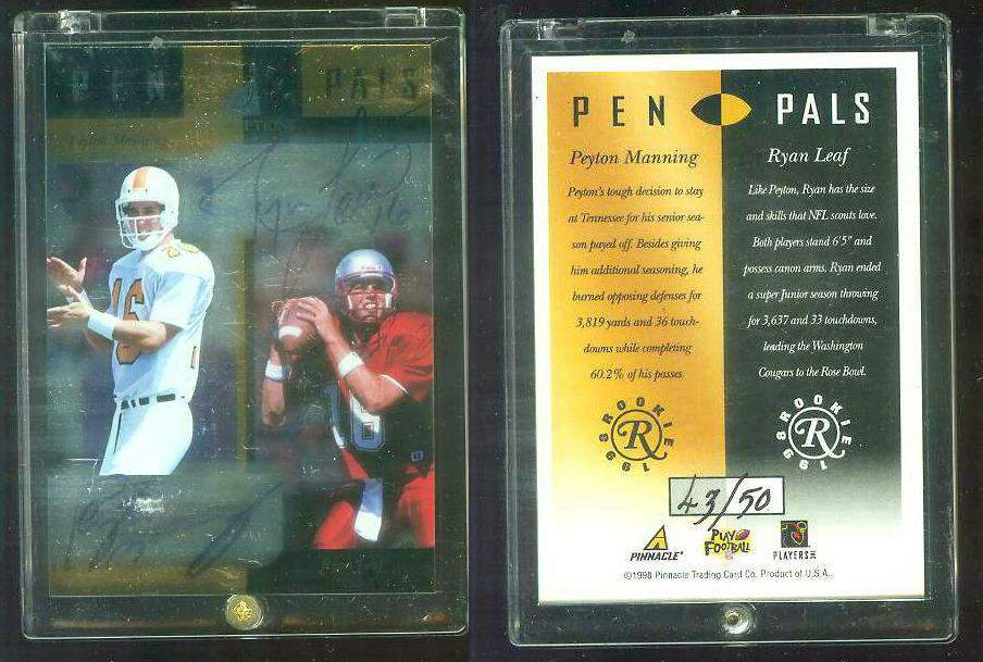  Peyton Maning - 1998 Pinnacle Inscriptions Pen Pals #8A AUTOGRAPHED ROOKIE Football cards value