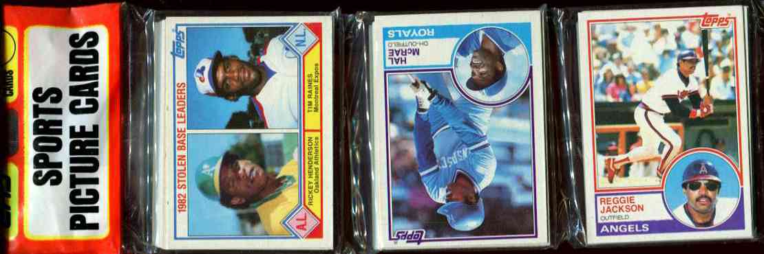  1983 Topps rack - With Reggie Jackson showing on TOP w/Henderson & Raines Baseball cards value