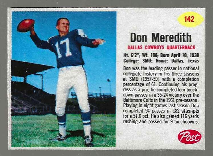 1962 Post Cereal FB #142 Don Meredith (Cowboys) Football cards value