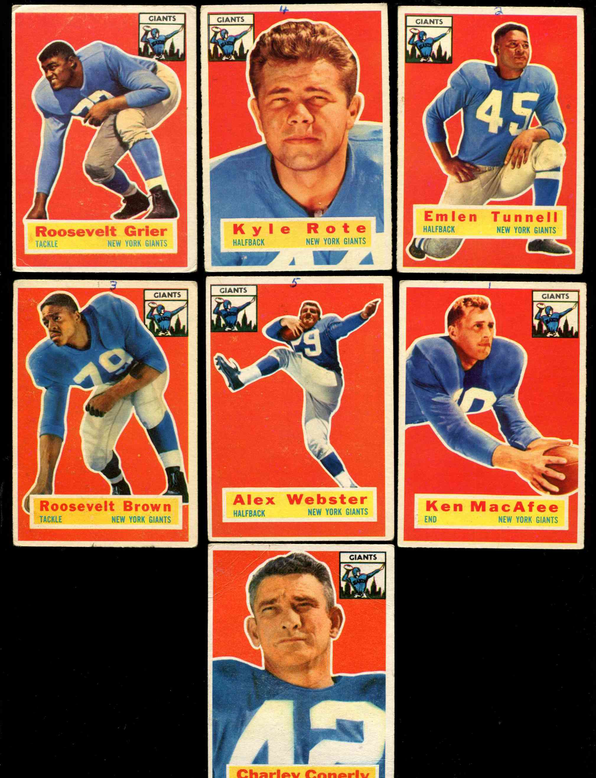  New York GIANTS - 1956 Topps Football Team Lot (4) w/Rosey Grier RC bk=$40 Football cards value