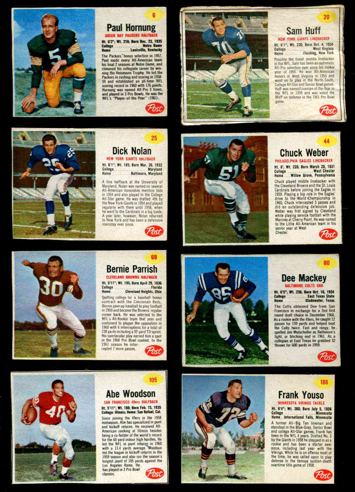 1962 Post Cereal FB # 25 Dick Nolan SHORT PRINT (NY Giants) Football cards value