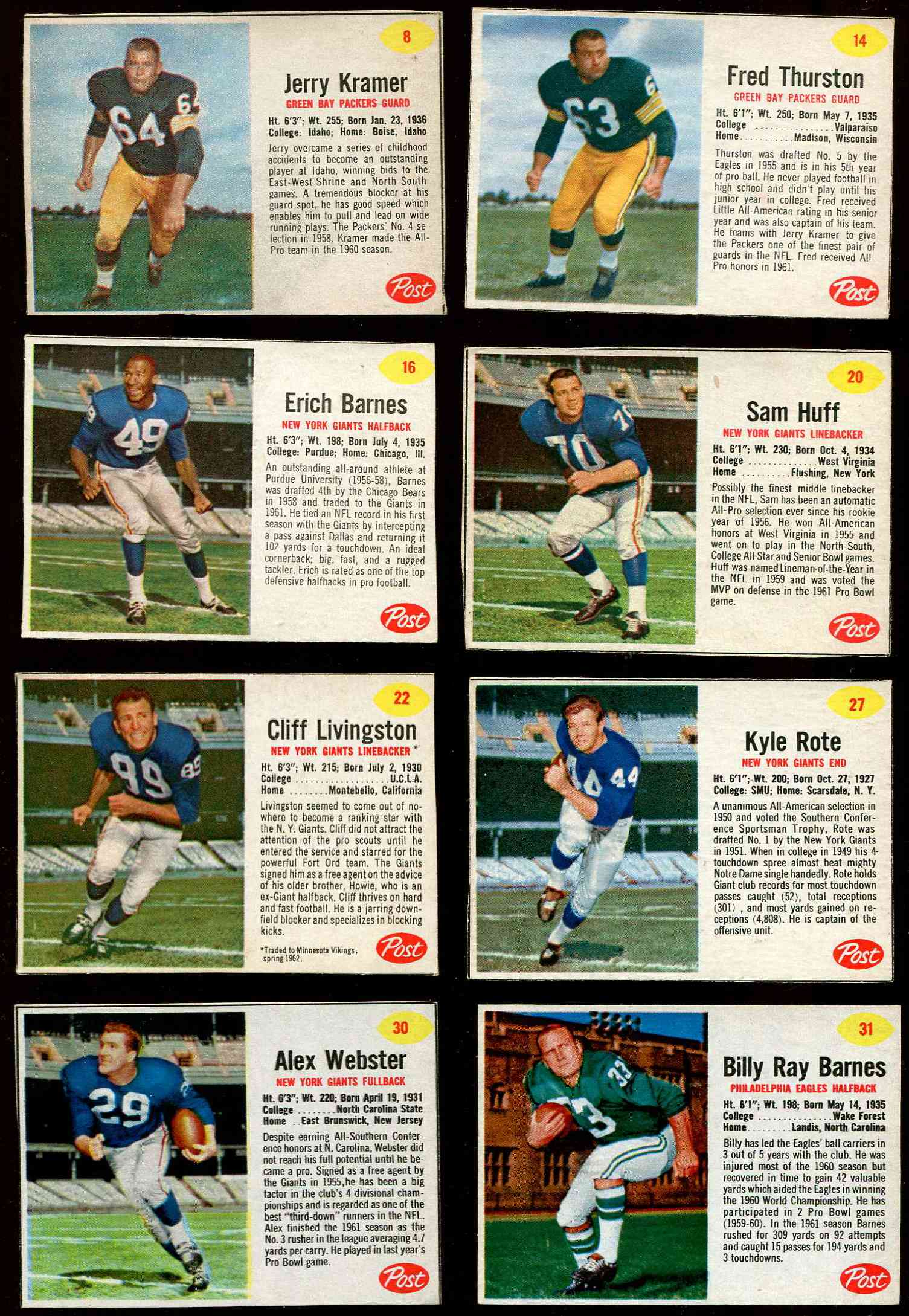 1962 Post Cereal FB # 20 Sam Huff (NY Giants) Football cards value