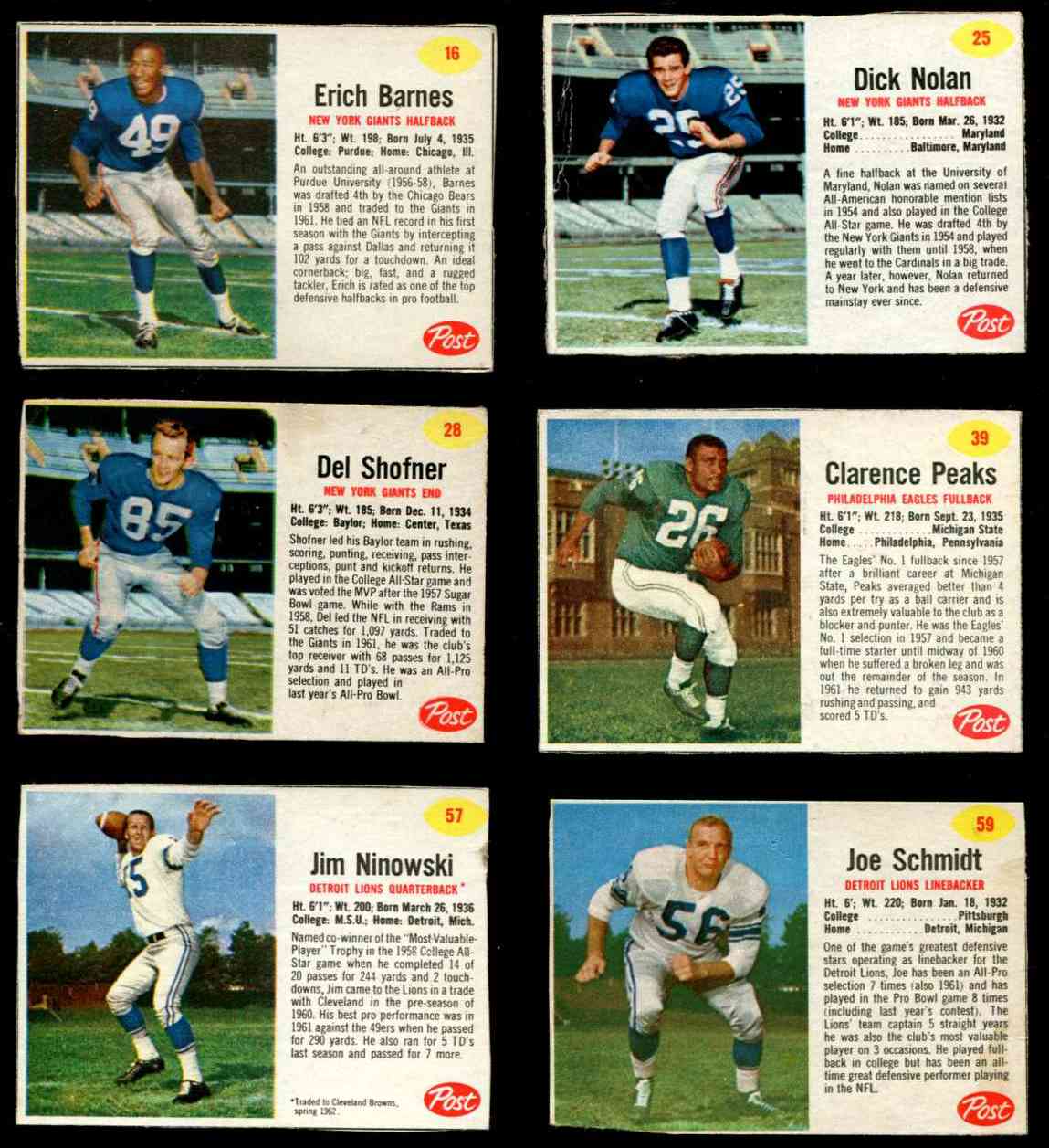 1962 Post Cereal FB # 59 Joe Schmidt SHORT PRINT (Lions) Football cards value