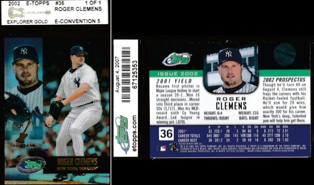 ROGER CLEMENS - 2002 E-Topps/ETopps #36 [1-of-1 CLEVELAND] (Yankees) Baseball cards value