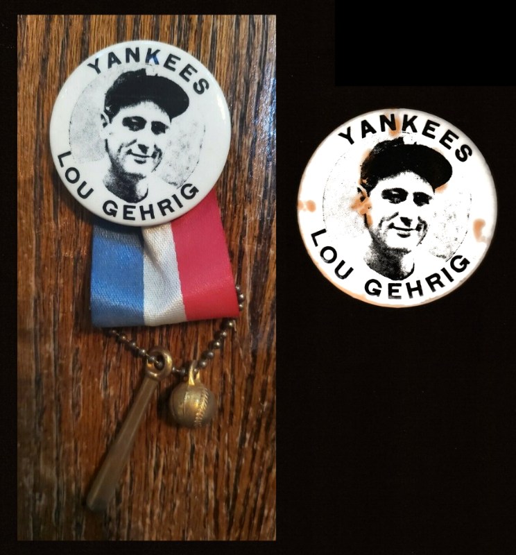  Lou Gehrig - VINTAGE Stadium Pin/Button - Missing Ribbon & Charm (Yankees) Baseball cards value