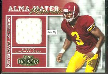 Keyshawn Johnson - 2001 Playoff Honors Alma Mater GAME-USED JERSEY (USC) Baseball cards value