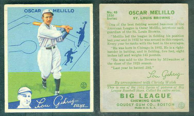 1934 Goudey #.45 Oscar Melillo (St. Louis Browns) Baseball cards value