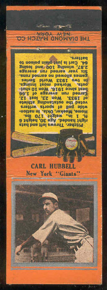 1935 Diamond Matchbooks 'Silver Border' - Carl Hubbell (NY Giants) Baseball cards