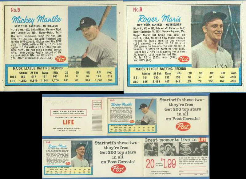  MICKEY MANTLE/ROGER MARIS - 1962 Post Life Magazine complete ad panel ! Baseball cards value