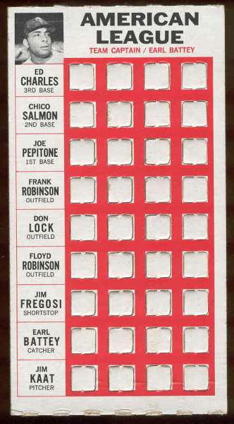 1967 Topps Punch-Outs - Earl Battey [#6] (Team Captain) (Twins) Baseball cards