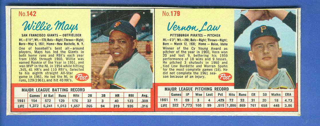 1962 Post Cereal - WILLIE MAYS & Vern Law 2-CARD PANEL Baseball cards value