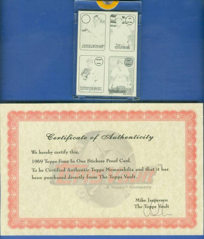 1969 Topps 4-in-1 STICKER PROOF - LEO DUROCHER & Vida Blue - YELLOW/BLACK Baseball cards value