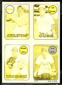 1969 Topps 4-in-1 STICKER PROOF - LEO DUROCHER & Vida Blue - BLACK/WHITE Baseball cards value