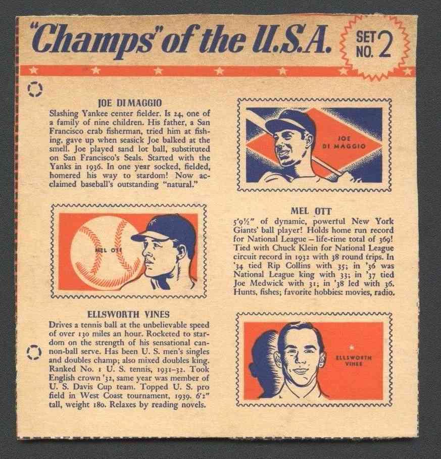1940 Wheaties #2 JOE DiMAGGIO/Mel Ott/Ellsworth Vines(Tennis)COMPLETE PANEL Baseball cards value