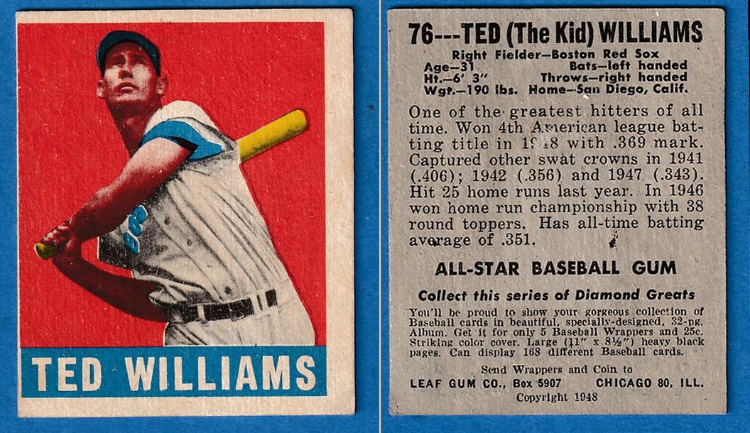 1948-49 Leaf # 76 Ted Williams (Red Sox) Baseball cards value