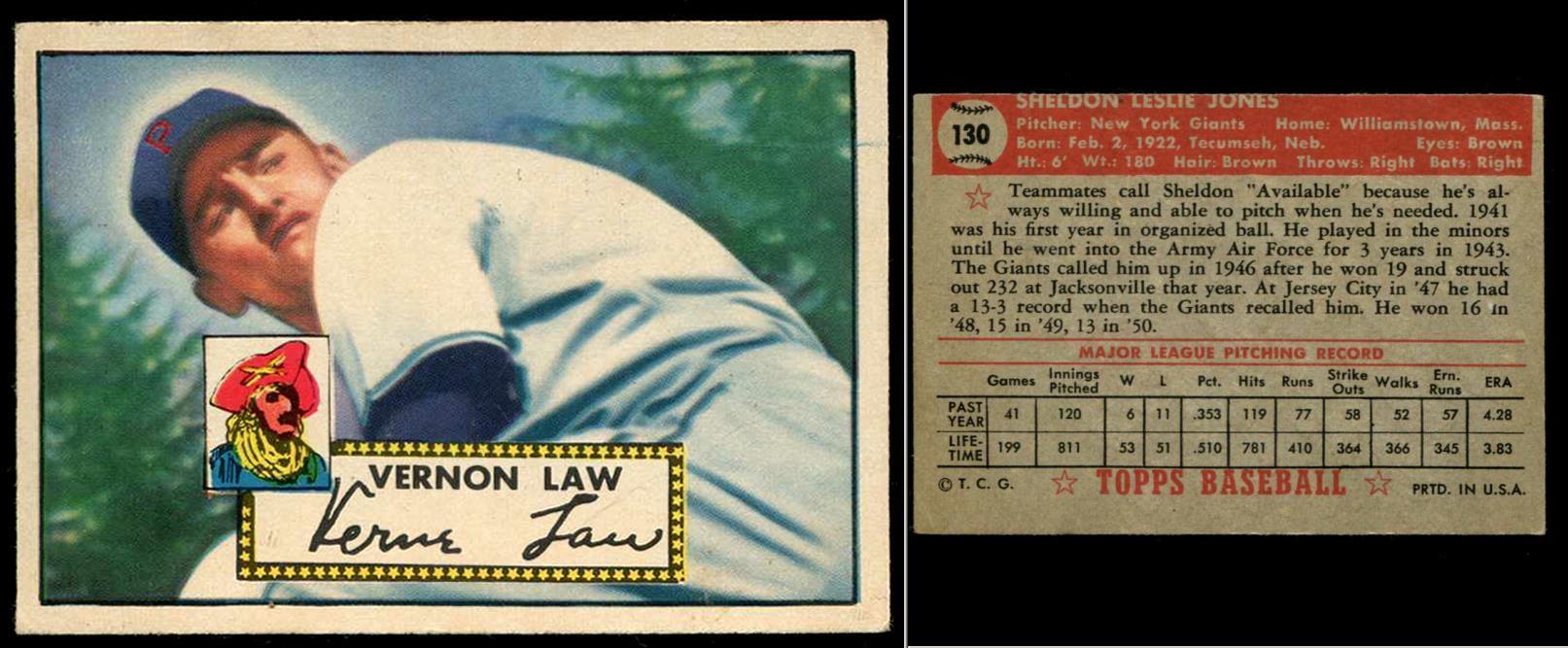 1952 Topps WRONG BACK #130 Vern Law/Sheldon Jones (Pirates/NY Giants) Baseball cards value