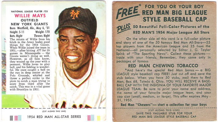 1954 Red Man w/TAB #NL25 WILLIE MAYS (Giants) Baseball cards value