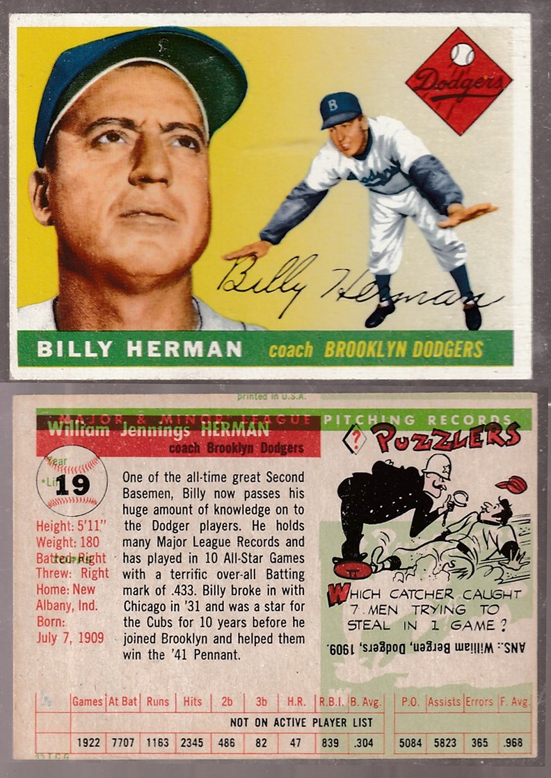 1955 Topps # 19 Billy Herman COACH [#] [VAR:Printing] (Brooklyn Dodgers) Baseball cards value