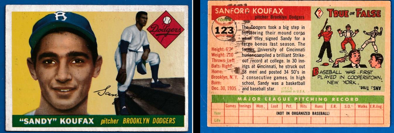1955 Topps #123 Sandy Koufax ROOKIE [#] (Brooklyn Dodgers) Baseball cards value