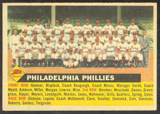 1956 Topps # 72b Phillies TEAM card [VAR:Name LEFT] [#] Baseball cards value