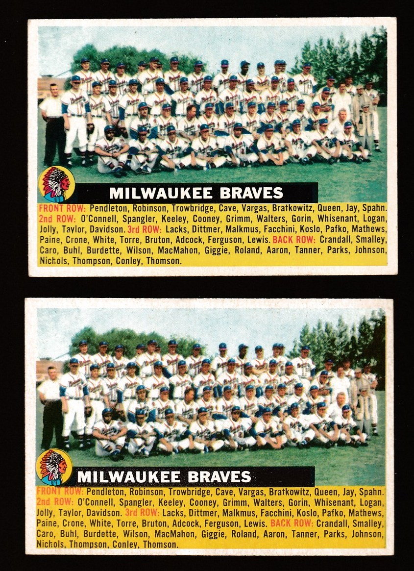 1956 Topps # 95A Braves TEAM card [GB] [VAR:Name CENTERED] [#] Baseball cards value