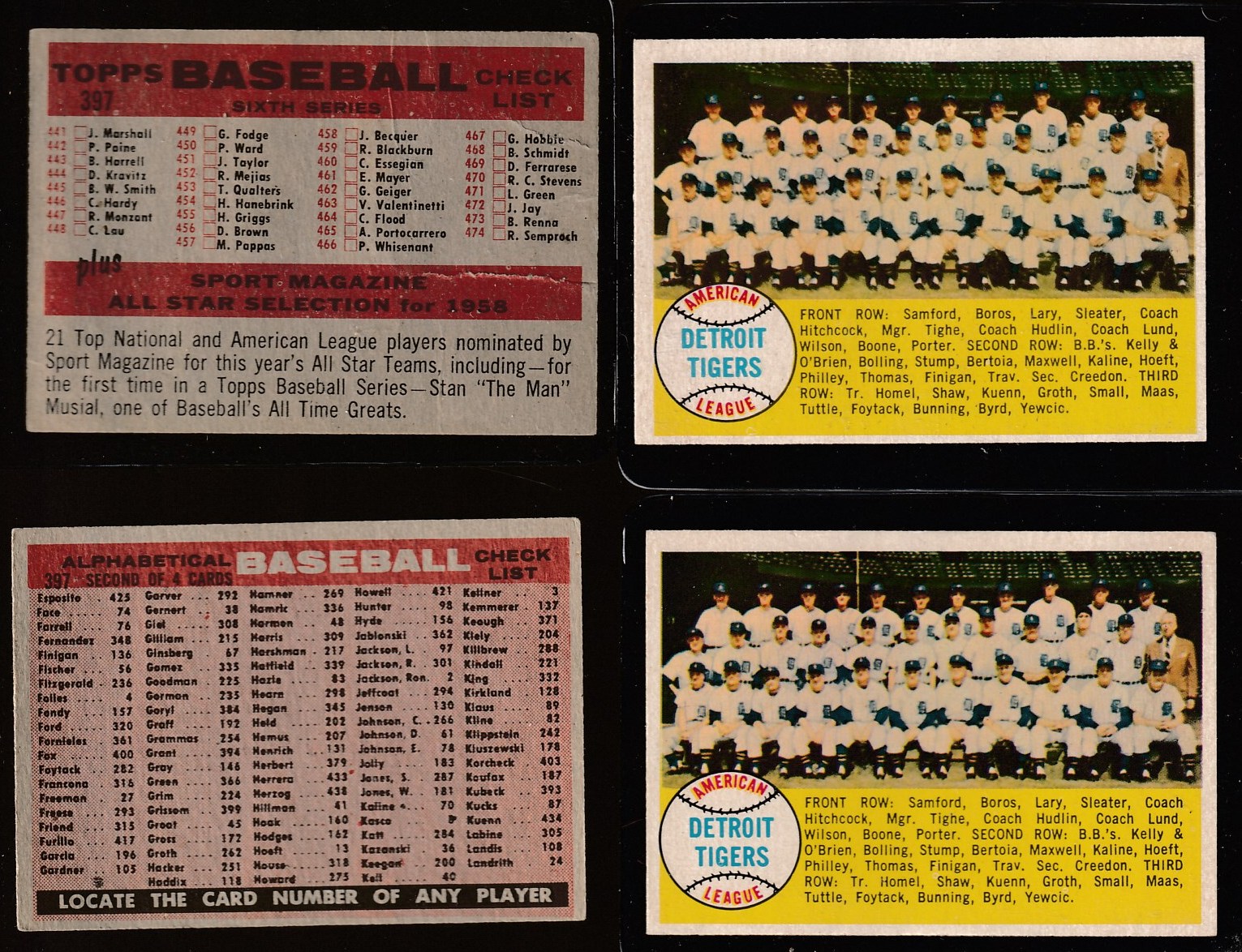 1958 Topps #397A Tigers TEAM card [VAR:Alphabetical Checklist] [#] Baseball cards value