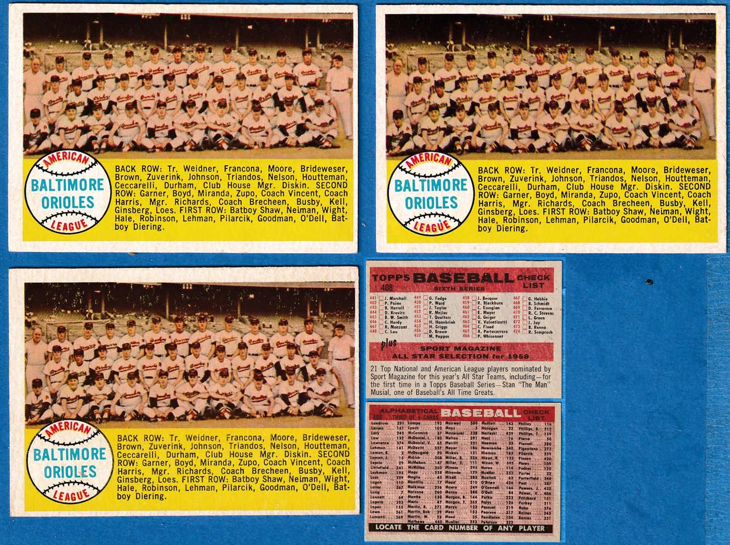 1958 Topps #408A Orioles TEAM card [VAR:Alpha checklist] [#] Baseball cards value