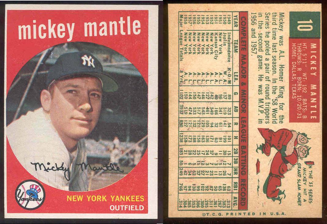 1959 Topps # 10 Mickey Mantle (Yankees) Baseball cards value