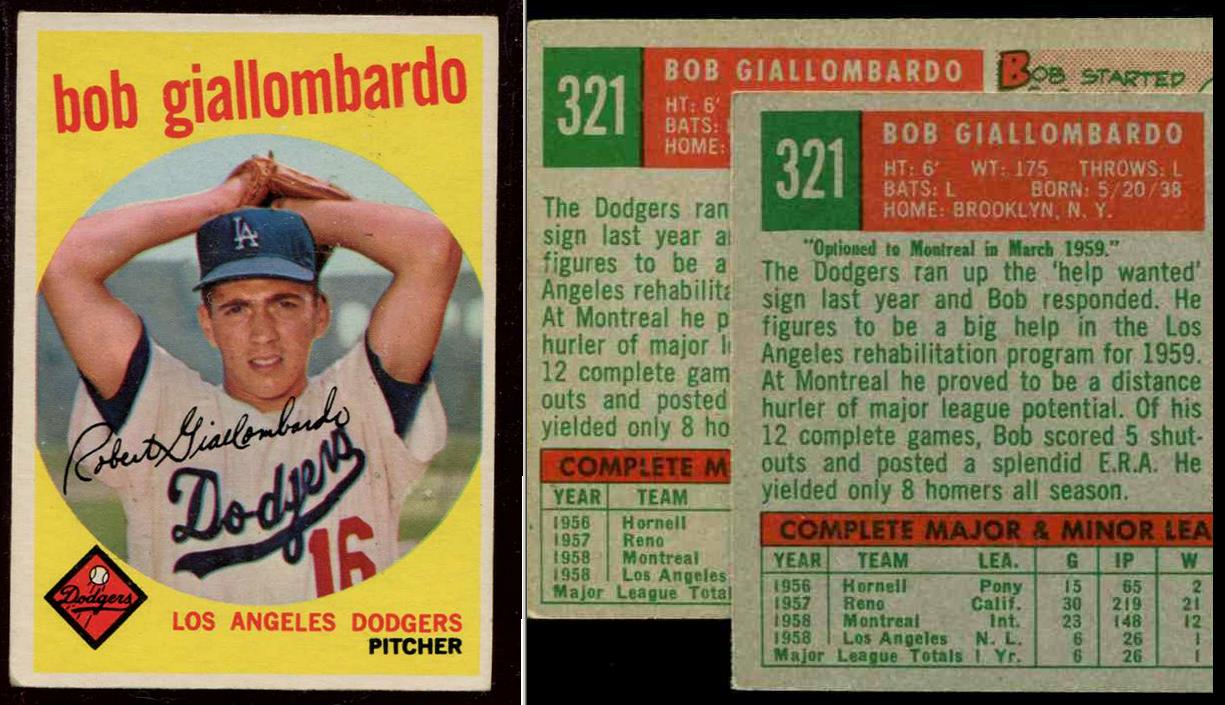 1959 Topps #321B Bob Giallombardo (var:NO OPTION LINE) [#] (Dodgers) Baseball cards value