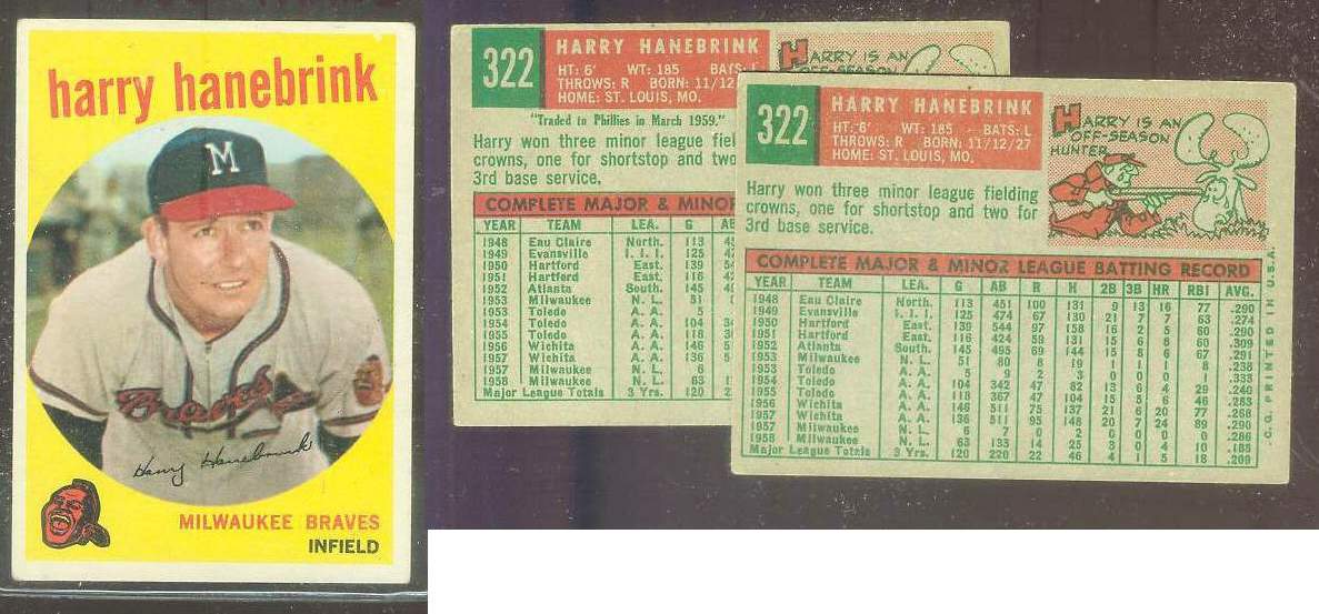 1959 Topps #322B Harry Hanebrink (var:NO TRADE) (Braves) Baseball cards value