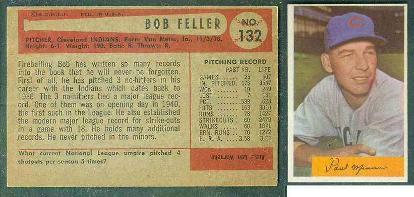  1954 Bowman WRONG BACK - Paul Minner (Cubs) / BOB FELLER (Indians) Baseball cards value