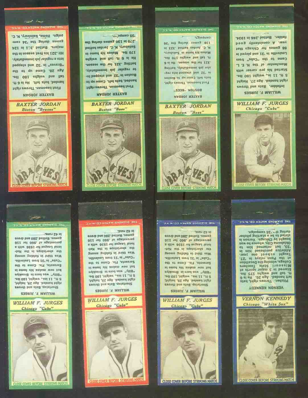 1936 Diamond Matchbooks - Baxter Jordan GREEN (Boston Bees) Baseball cards value