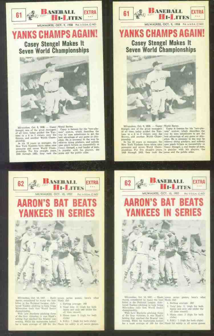 1960 Nu-Card Hi-Lites #62 Hank Aaron - 'Bat Beats Yankees in Series' Baseball cards value